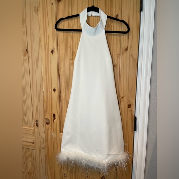 SHEIN BAE Fuzzy Trim Halter Neck Dress White - Picture 4 of 11